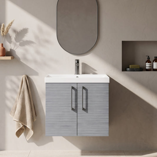 Fairford Aspri Grey Woodgrain 600mm 2 Door Wall Hung Vanity Unit