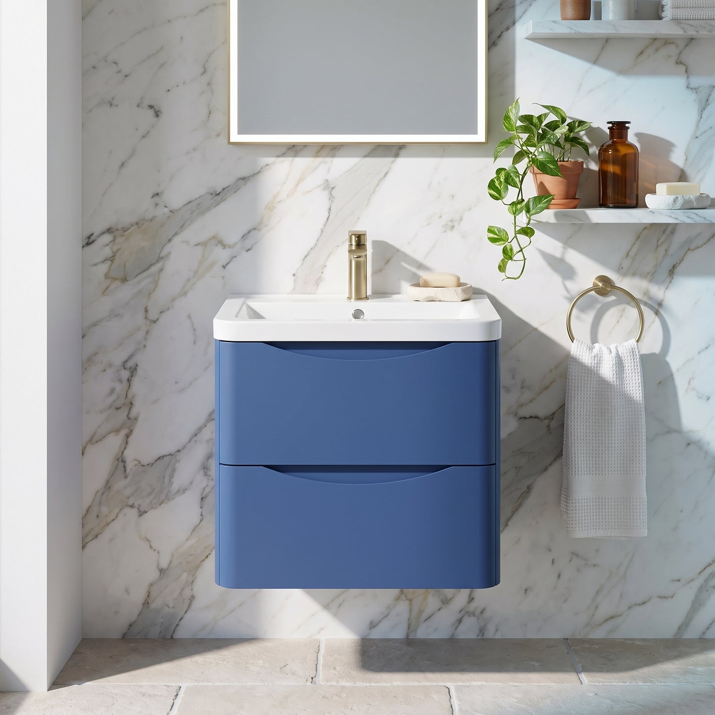 Fairford Eclipse 600mm 2 Drawer Satin Blue Wall Hung Vanity Unit