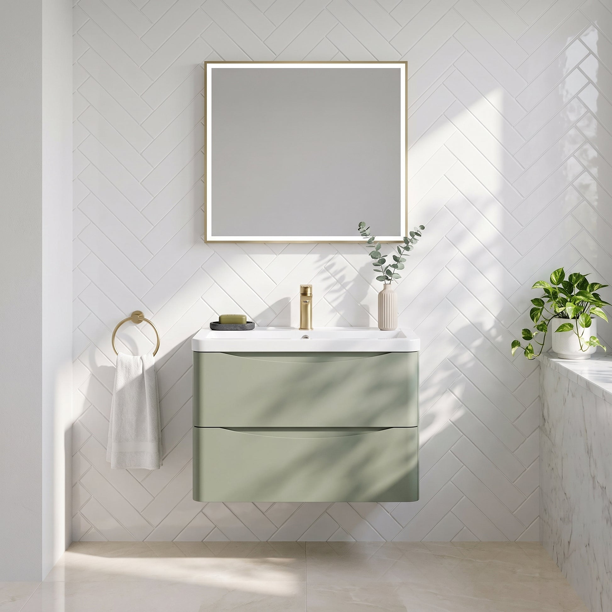 Fairford Eclipse 800mm 2 Drawer Satin Green Wall Hung Vanity Unit