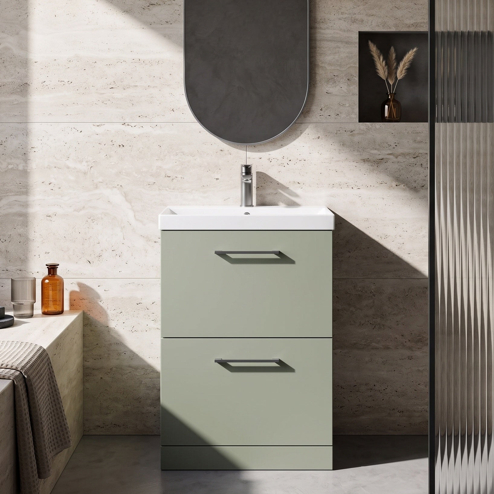 Fairford Aspri 600mm Satin Green 2-Drawer Floorstanding Vanity Unit