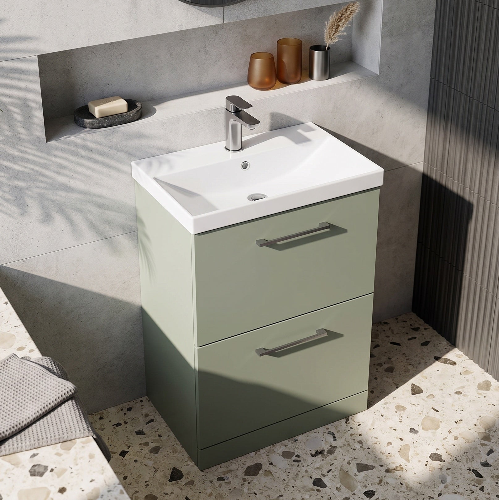Fairford Aspri 600mm Satin Green 2-Drawer Floorstanding Vanity Unit
