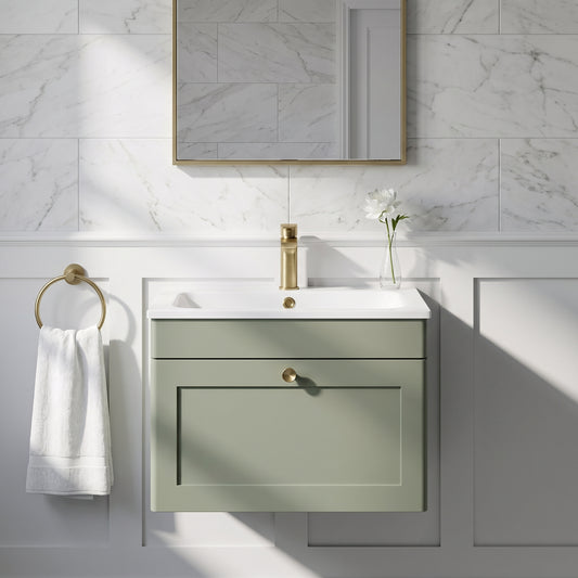 Fairford Laurel Satin Green 600mm 1 Drawer Wall Hung Vanity Unit with Stone Basin