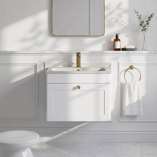 Fairford Laurel Satin White 600mm 1 Drawer Wall Hung Vanity Unit with Stone Basin