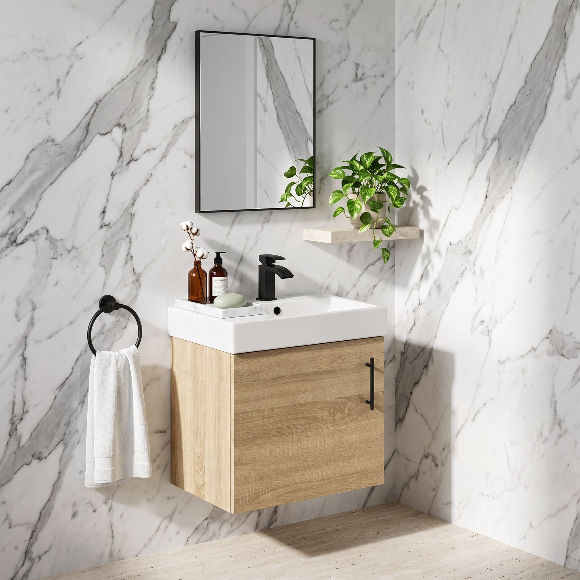 Fairford Minimalist 400mm Natural Oak Wall Hung Vanity Unit & Basin