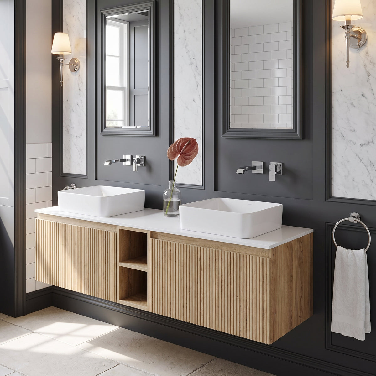 Fairford Sophia Country Oak 1400mm Wall Hung Double Vanity Unit with Central Storage and Worktop