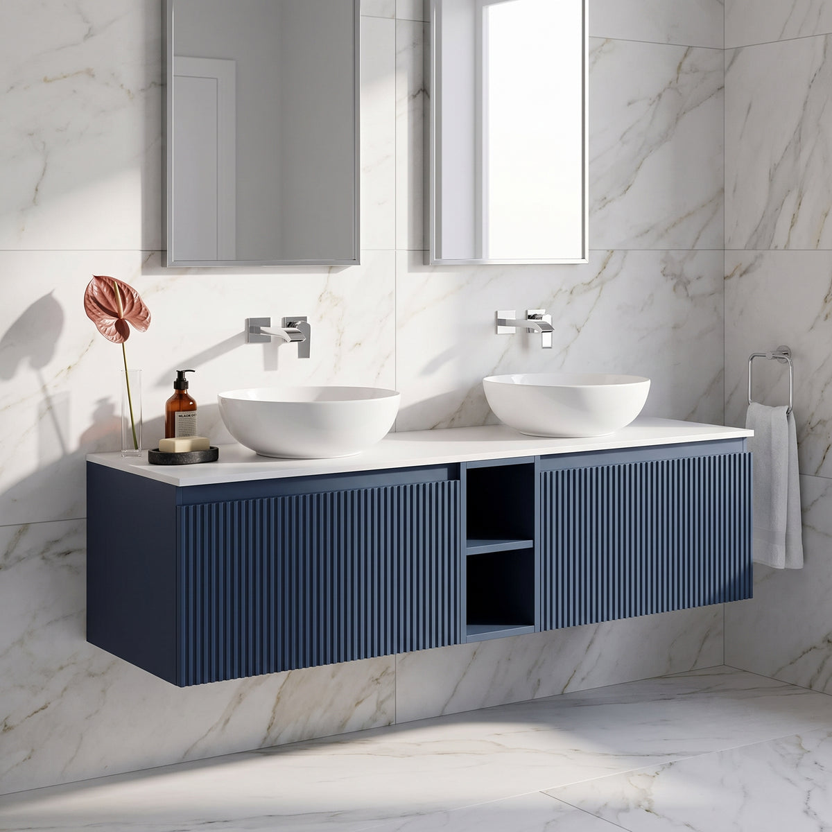 Fairford Sophia Midnight Shadow 1400mm Wall Hung Double Vanity Unit with Central Storage and Worktop