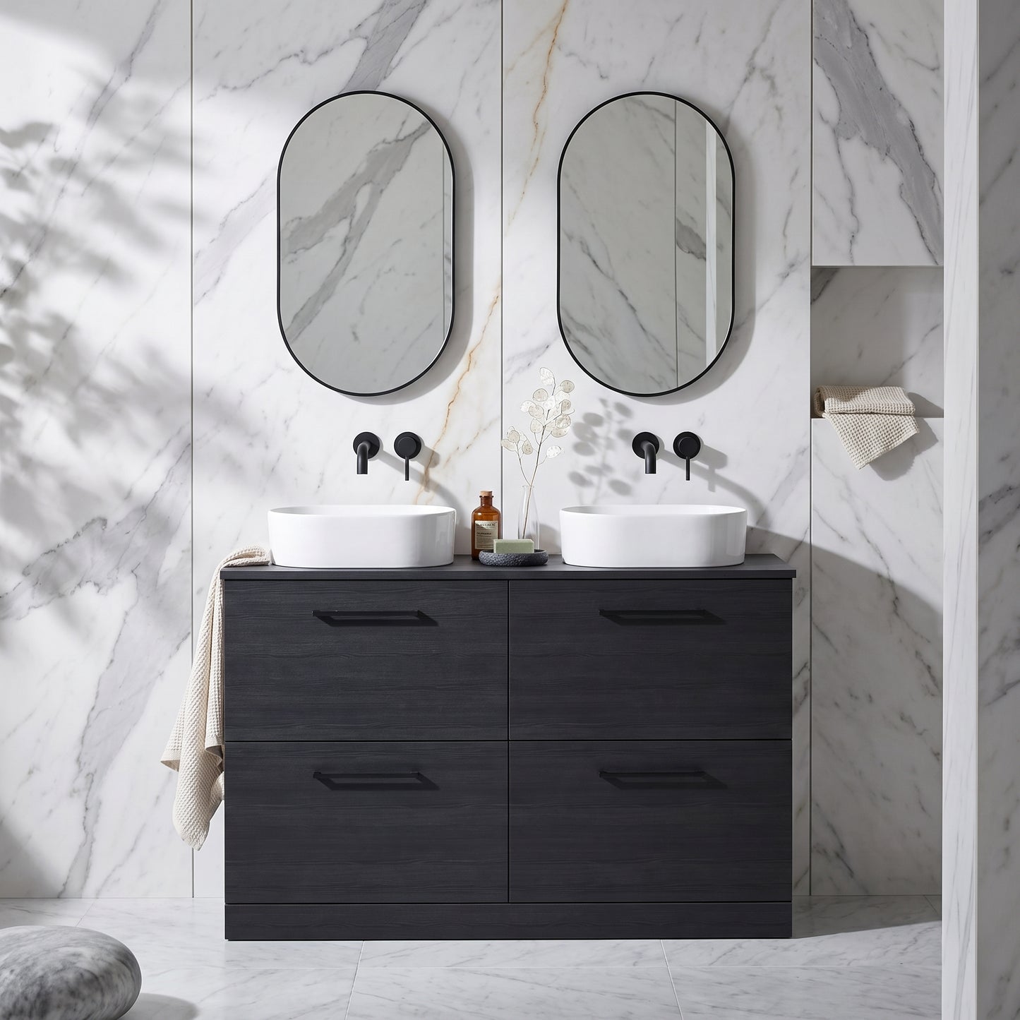 Fairford Aspri Black Woodgrain 1200mm 4 Drawer Floorstanding Vanity Unit with Worktop