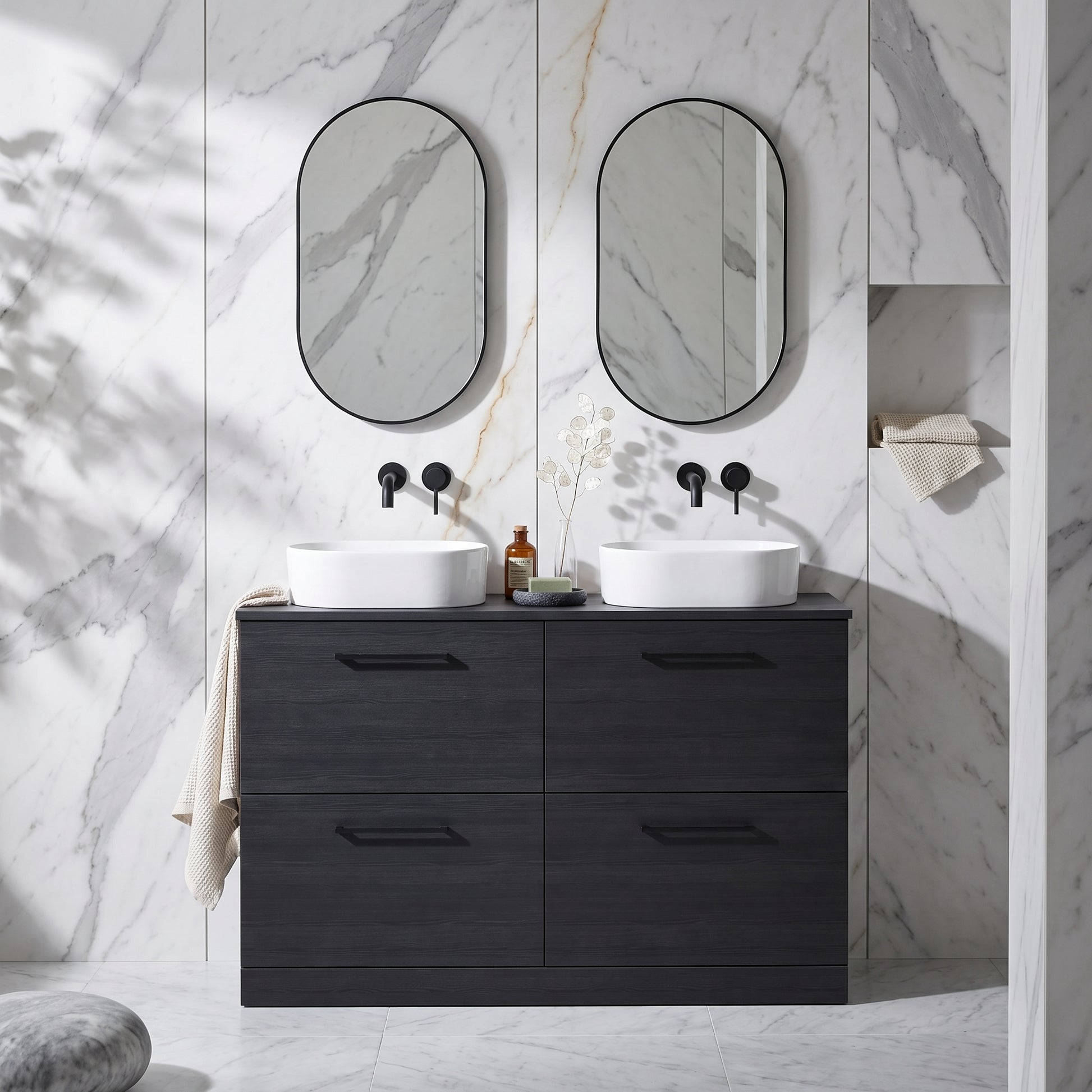 Fairford Aspri Black Woodgrain 1200mm 4 Drawer Floorstanding Vanity Unit with Worktop