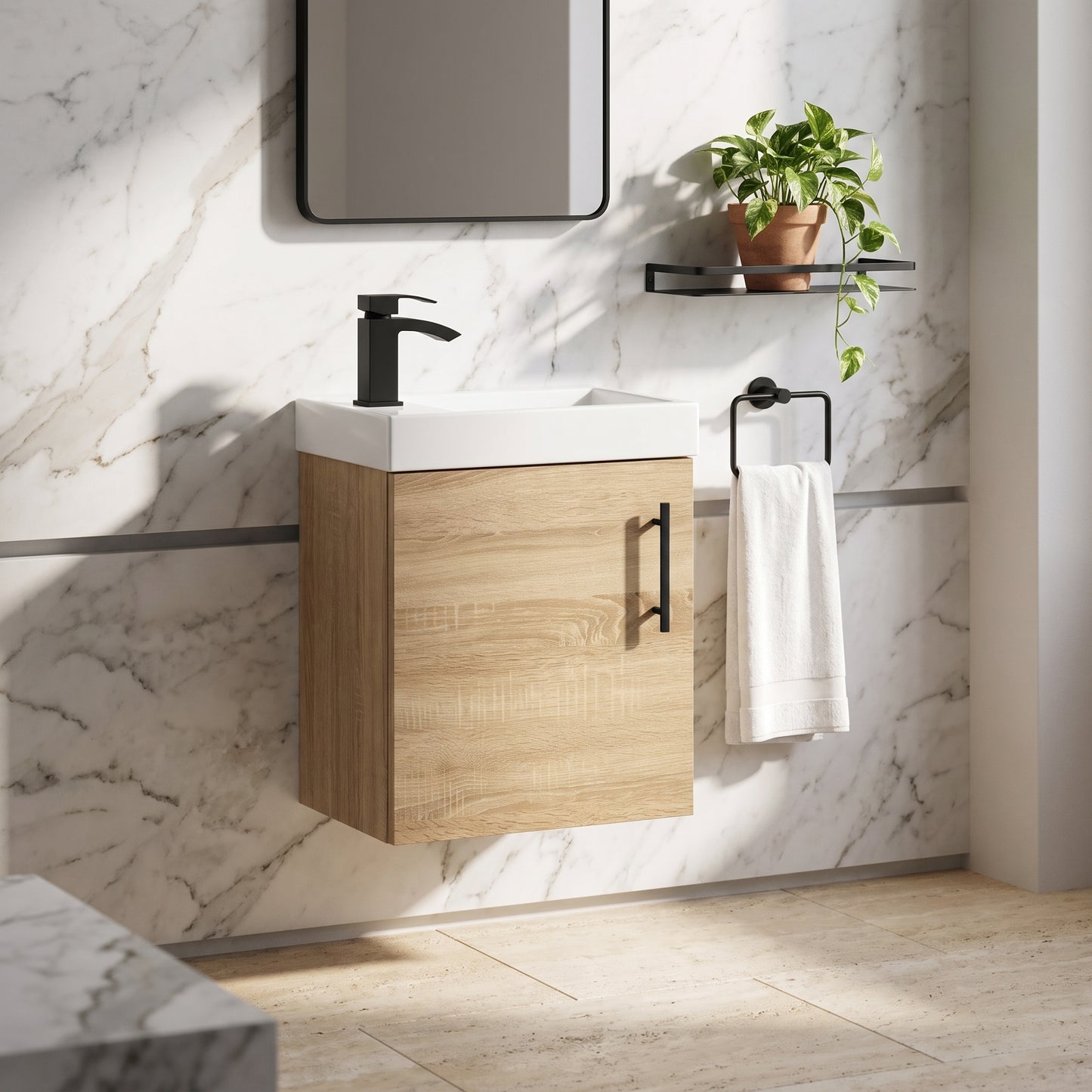 Fairford Minimalist 400mm Natural Oak Wall Hung Vanity Unit & Basin