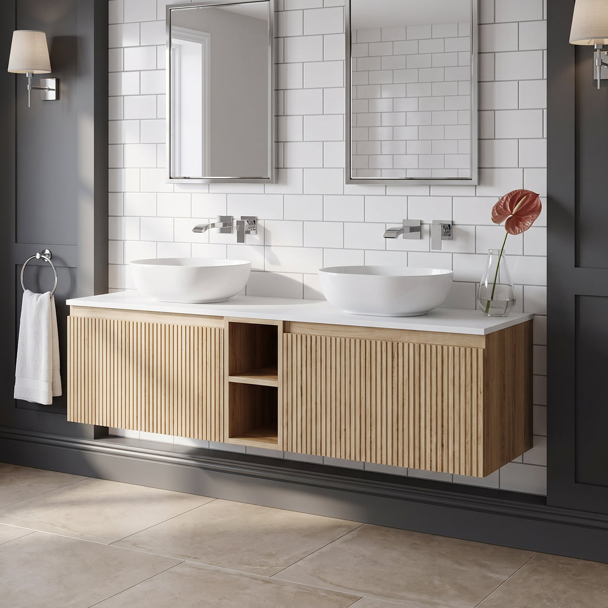 Fairford Sophia Country Oak 1400mm Wall Hung Double Vanity Unit with Central Storage and Worktop