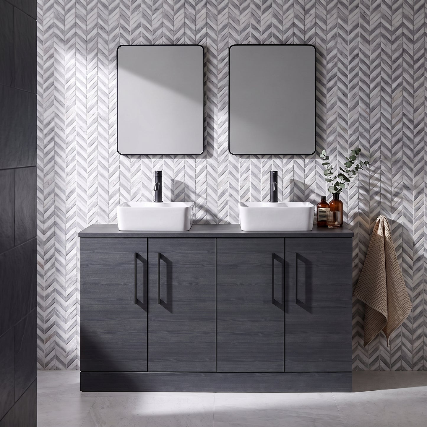 Fairford Aspri Black Woodgrain 1200mm 4 Door Floorstanding Vanity Unit with Worktop