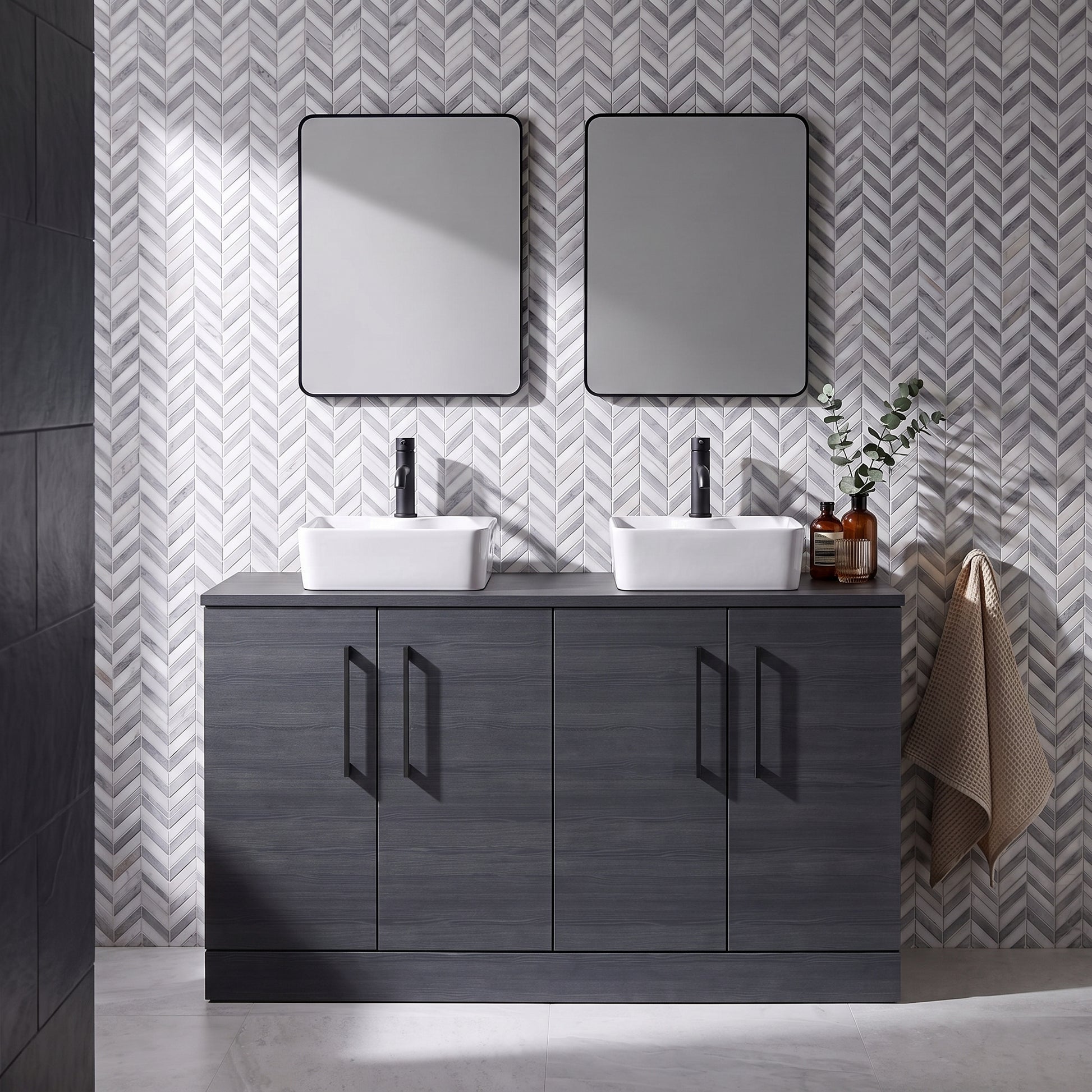 Fairford Aspri Black Woodgrain 1200mm 4 Door Floorstanding Vanity Unit with Worktop