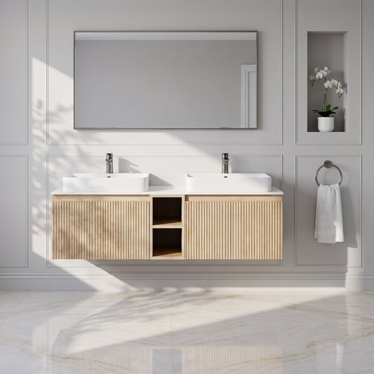 Fairford Sophia Country Oak 1400mm Wall Hung Double Vanity Unit with Central Storage and Worktop