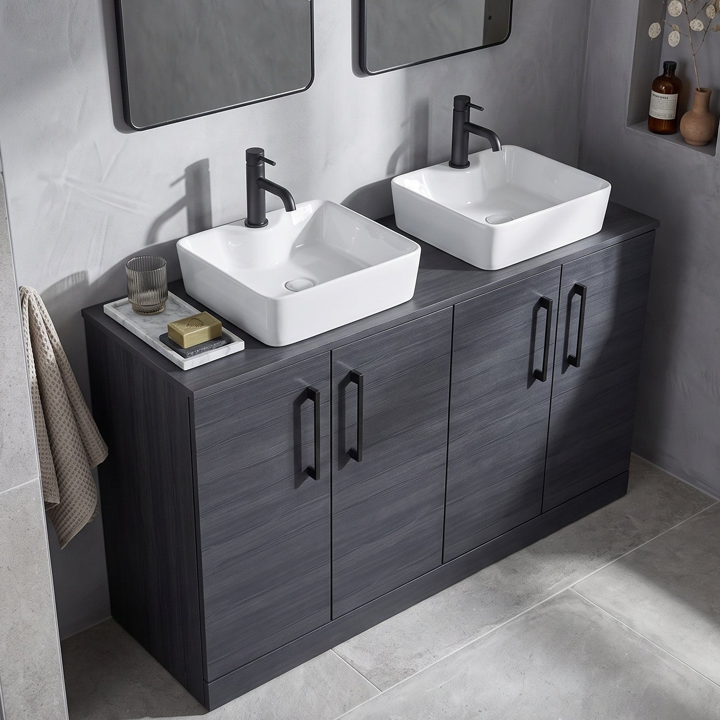 Fairford Aspri Black Woodgrain 1200mm 4 Door Floorstanding Vanity Unit with Worktop