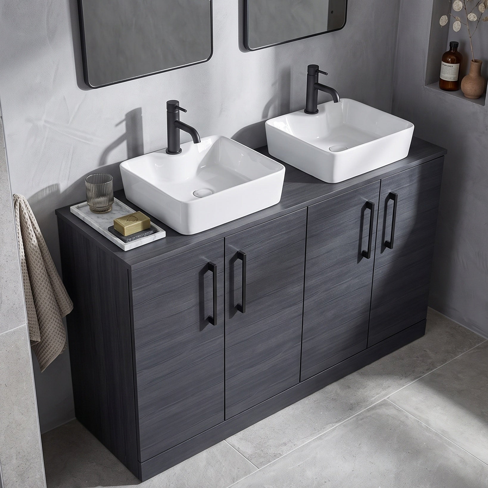 Fairford Aspri Black Woodgrain 1200mm 4 Door Floorstanding Vanity Unit with Worktop