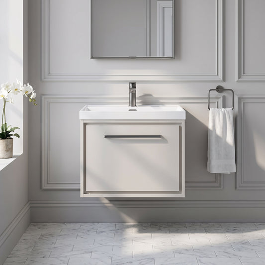Fairford Tisse Pebble Grey 600mm 1 Drawer Wall Hung Vanity Unit with Thin Edged Basin