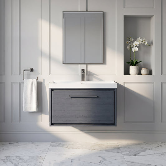 Fairford Tisse Graphite Grey Woodgrain 800mm 1 Drawer Wall Hung Vanity Unit with Thin Edged Basin