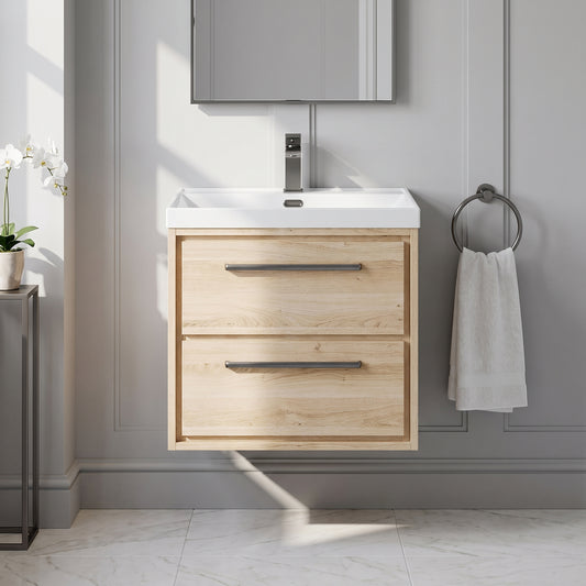 Fairford Tisse Bleached Oak 600mm 2 Drawer Wall Hung Vanity Unit with Thin Edged Basin