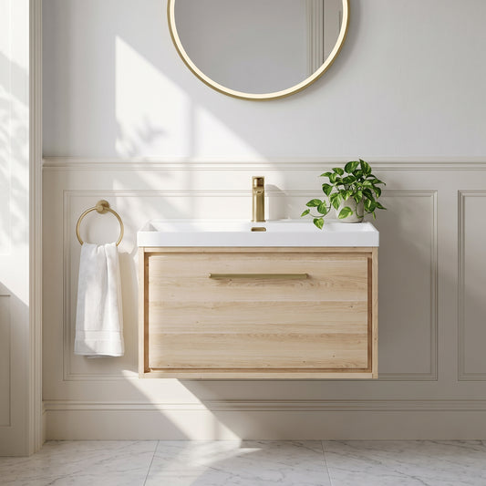 Fairford Tisse Bleached Oak 800mm 1 Drawer Wall Hung Vanity Unit with Thin Edged Basin