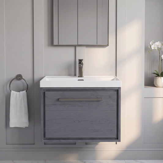 Fairford Tisse Graphite Grey Woodgrain 600mm 1 Drawer Wall Hung Vanity Unit with Thin Edged Basin