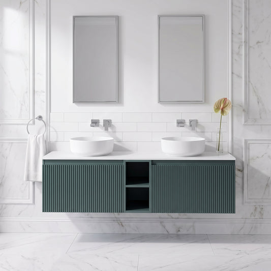 Fairford Sophia Smoked Sage 1400mm Wall Hung Double Vanity Unit with Central Storage and Worktop