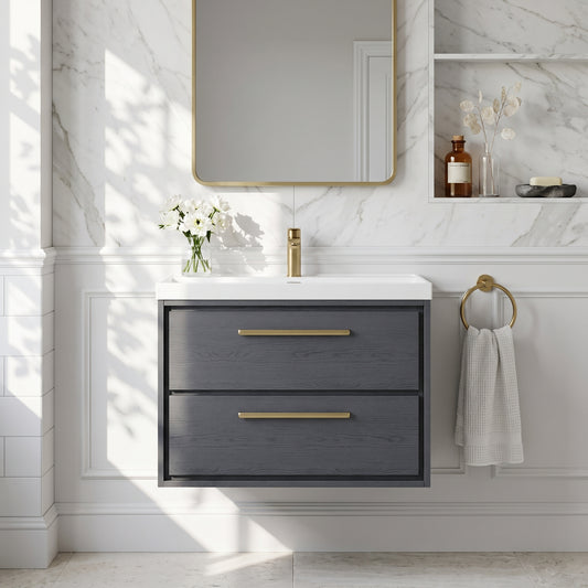 Fairford Tisse Graphite Grey Woodgrain 800mm 2 Drawer Wall Hung Vanity Unit with Thin Edged Basin