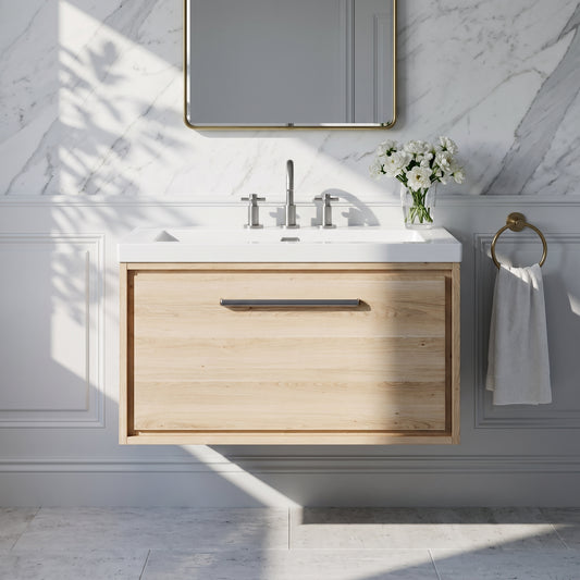 Fairford Tisse Bleached Oak 800mm 1 Drawer Wall Hung Vanity Unit with 3 Tap Hole Basin