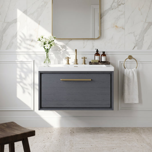 Fairford Tisse Graphite Grey Woodgrain 800mm 1 Drawer Wall Hung Vanity Unit with 3 Tap Hole Basin