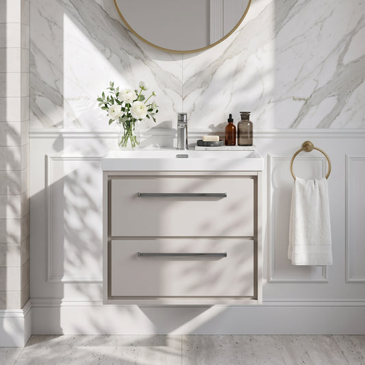 Fairford Tisse Pebble Grey 600mm 2 Drawer Wall Hung Vanity Unit with Thin Edged Basin