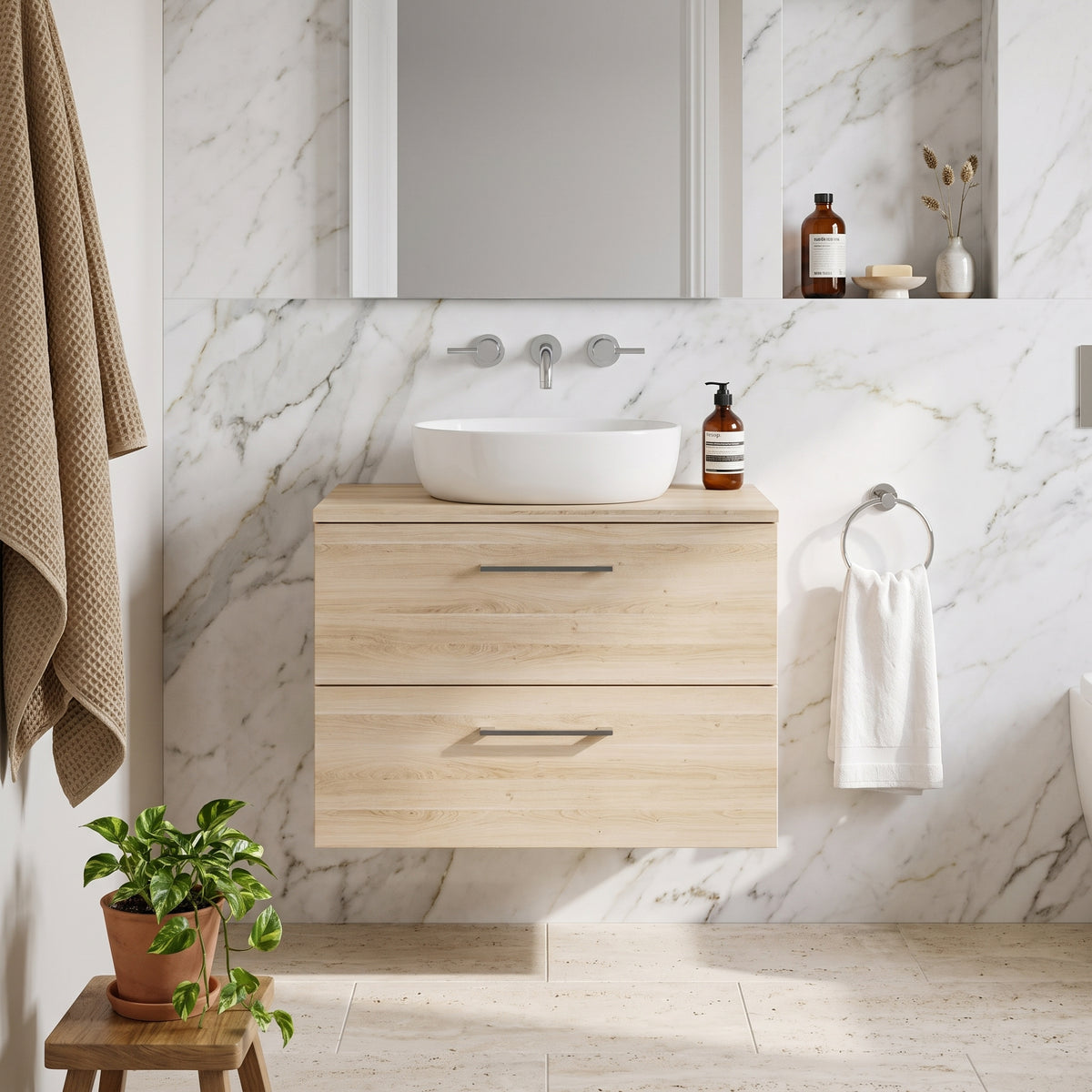 Fairford Aspri Bleached Oak 800mm 2 Drawer Wall Hung Vanity Unit with Worktop