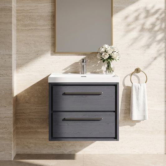 Fairford Tisse Graphite Grey Woodgrain 600mm 2 Drawer Wall Hung Vanity Unit with Thin Edged Basin
