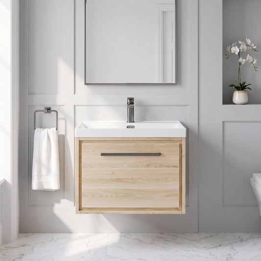 Fairford Tisse Bleached Oak 600mm 1 Drawer Wall Hung Vanity Unit with Thin Edged Basin