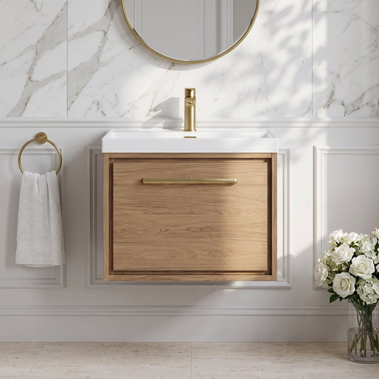 Fairford Tisse Antique Oak 600mm 1 Drawer Wall Hung Vanity Unit with Thin Edged Basin