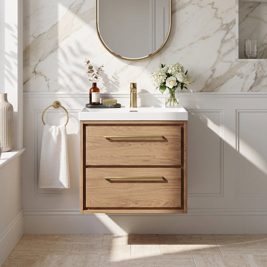 Fairford Tisse Antique Oak 600mm 2 Drawer Wall Hung Vanity Unit with Thin Edged Basin