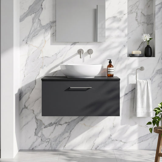 Fairford Aspri Soft Black 600mm 1 Drawer Wall Hung Vanity Unit with Worktop