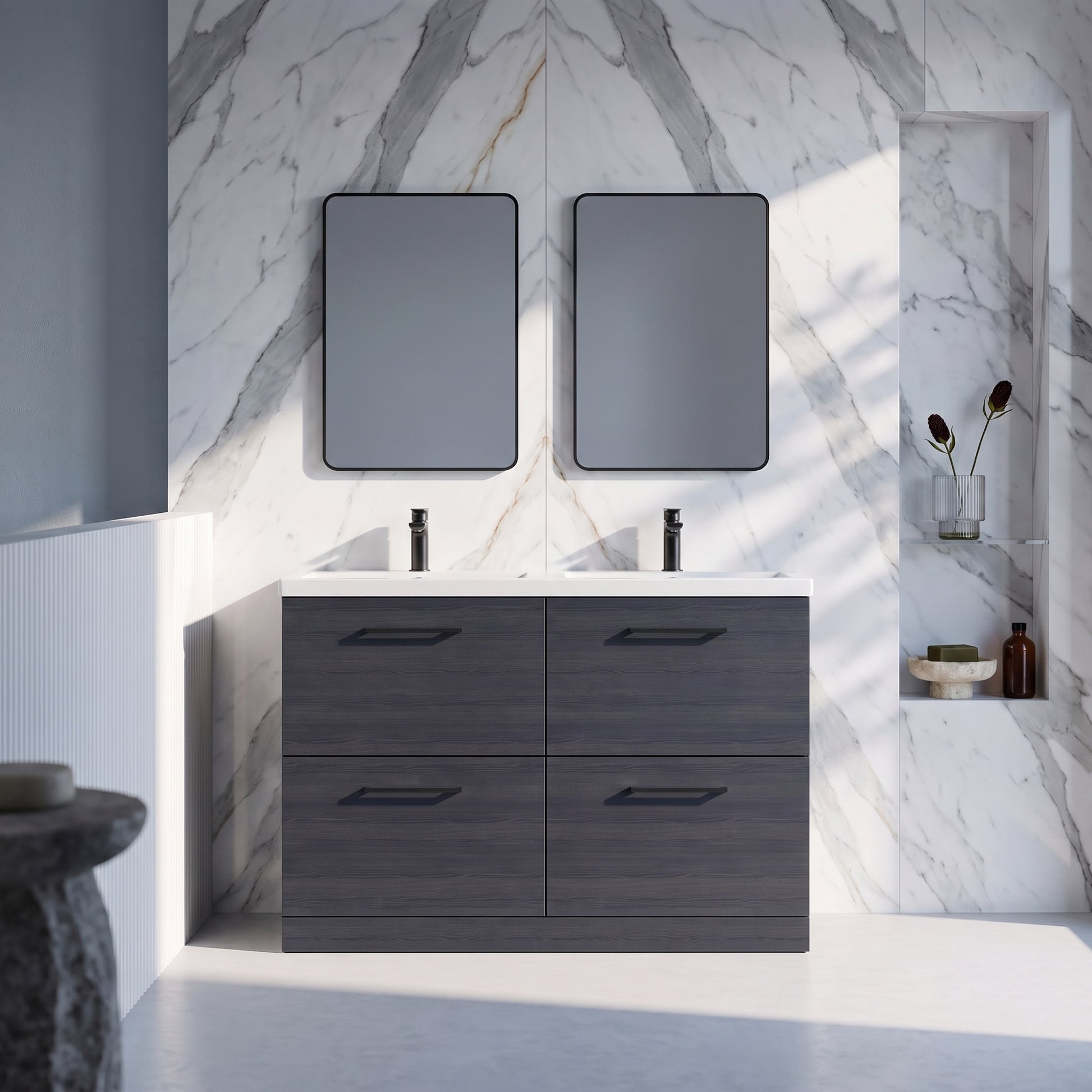 Fairford Aspri Black Woodgrain 1200mm Floorstanding Double Vanity Unit with 4 Drawers and Basin