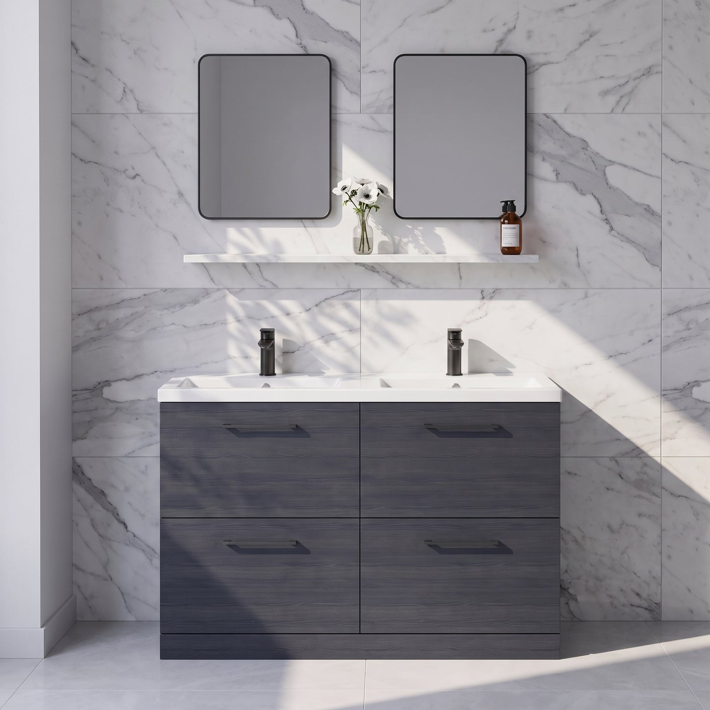 Fairford Aspri Black Woodgrain 1200mm Floorstanding Double Vanity Unit with 4 Drawers and Basin