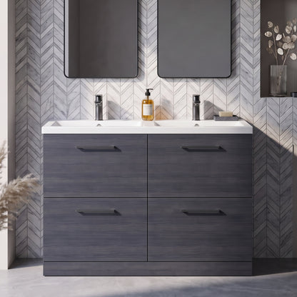 Fairford Aspri Black Woodgrain 1200mm Floorstanding Double Vanity Unit with 4 Drawers and Basin