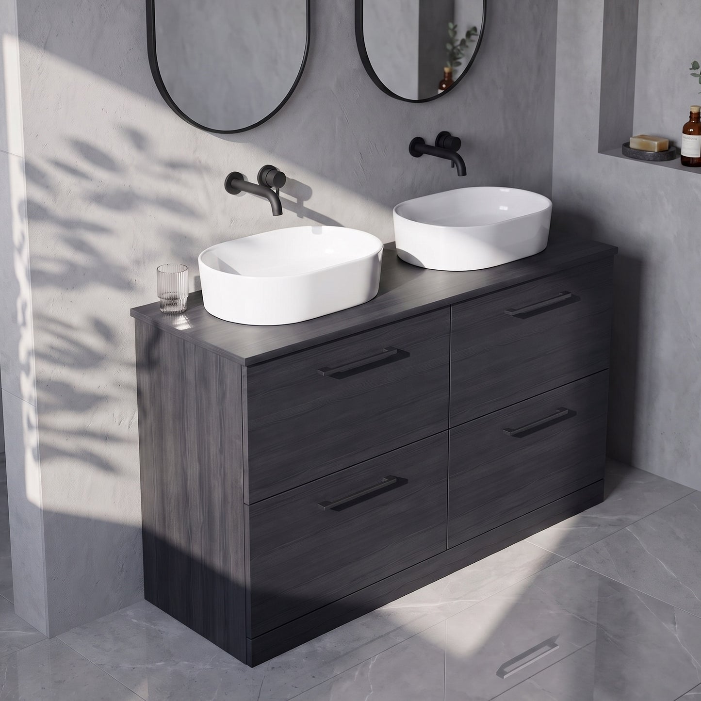Fairford Aspri Black Woodgrain 1200mm 4 Drawer Floorstanding Vanity Unit with Worktop