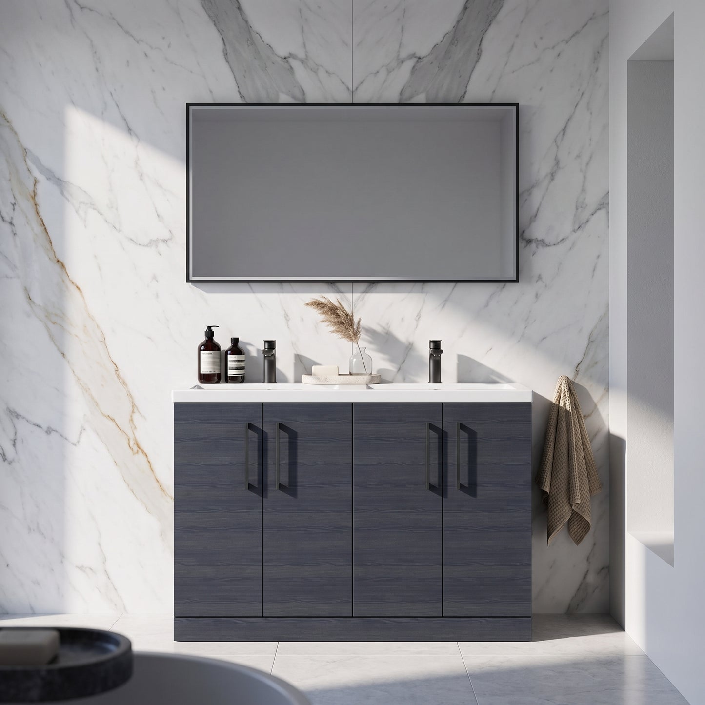 Fairford Aspri Black Woodgrain 1200mm Floorstanding Double Vanity Unit with Doors and Basin