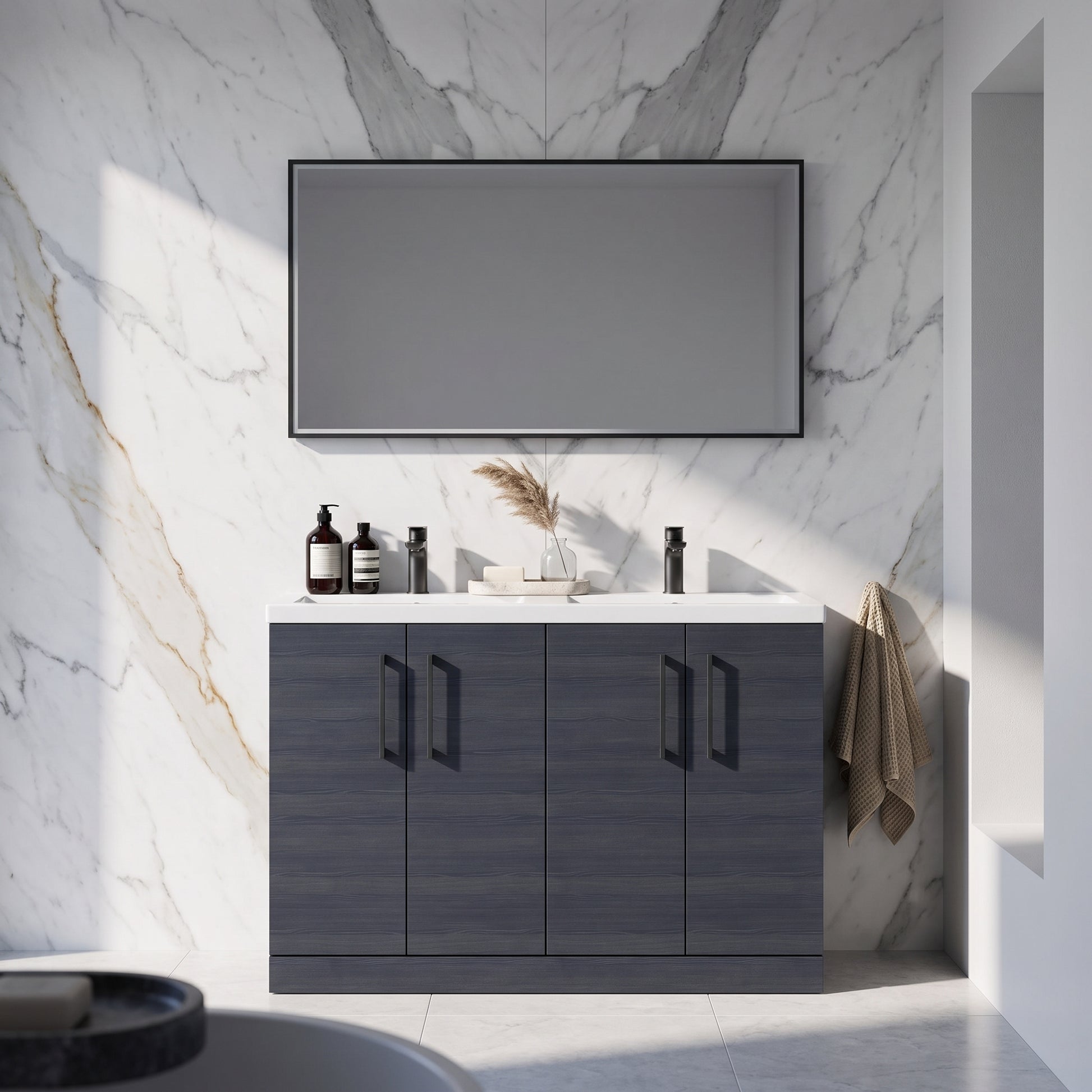 Fairford Aspri Black Woodgrain 1200mm Floorstanding Double Vanity Unit with Doors and Basin