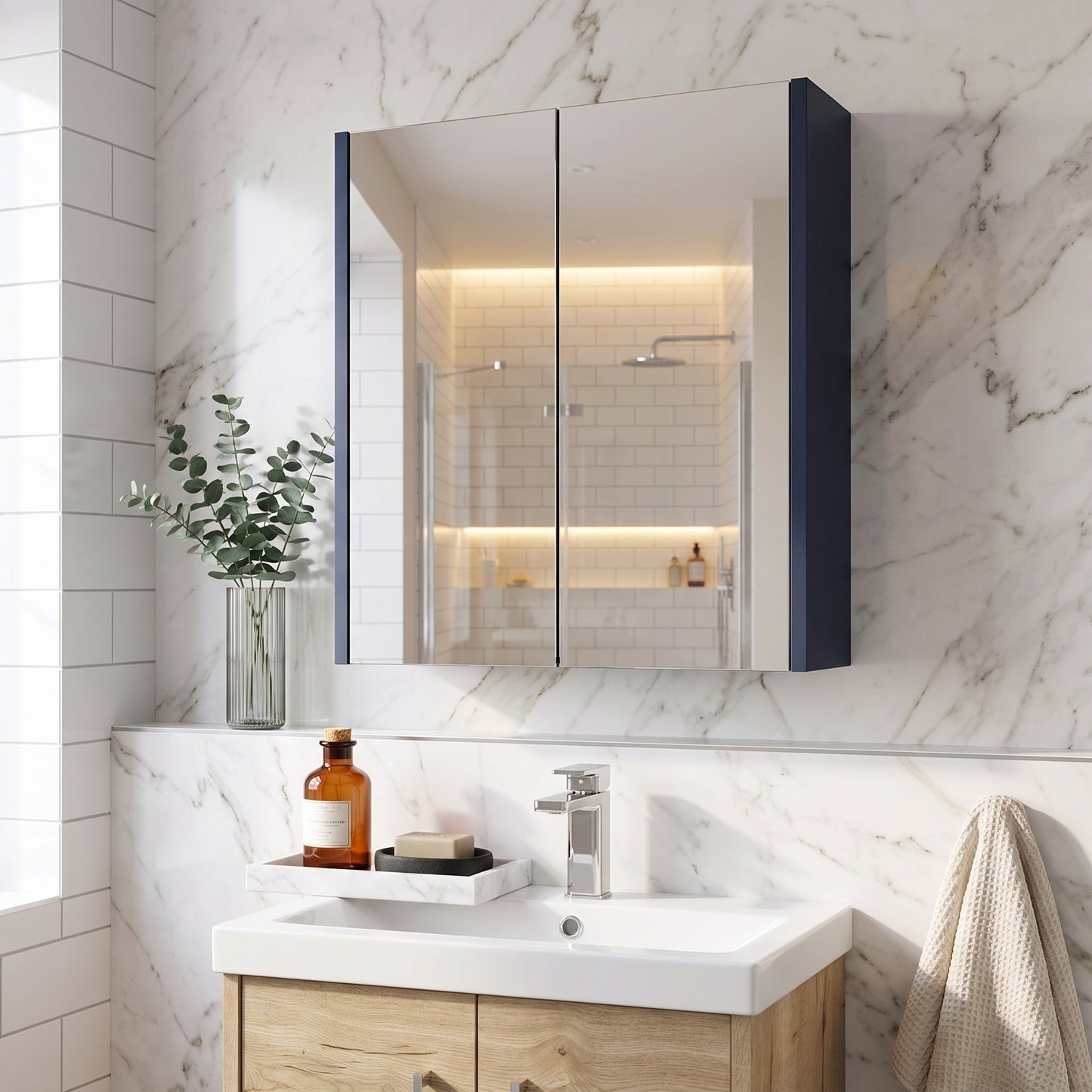 Fairford Aspri 600mm Midnight Blue 2-Door Mirror Cabinet