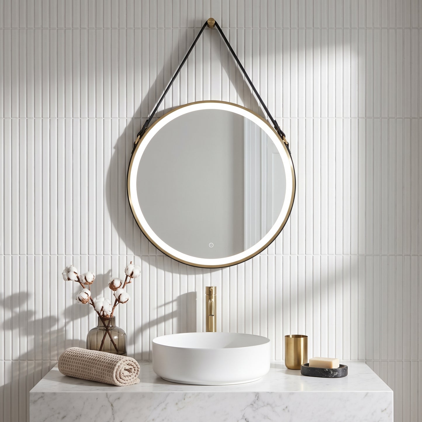 Fairford 600mm Round Brushed Brass Illuminated Mirror with Touch Sensor