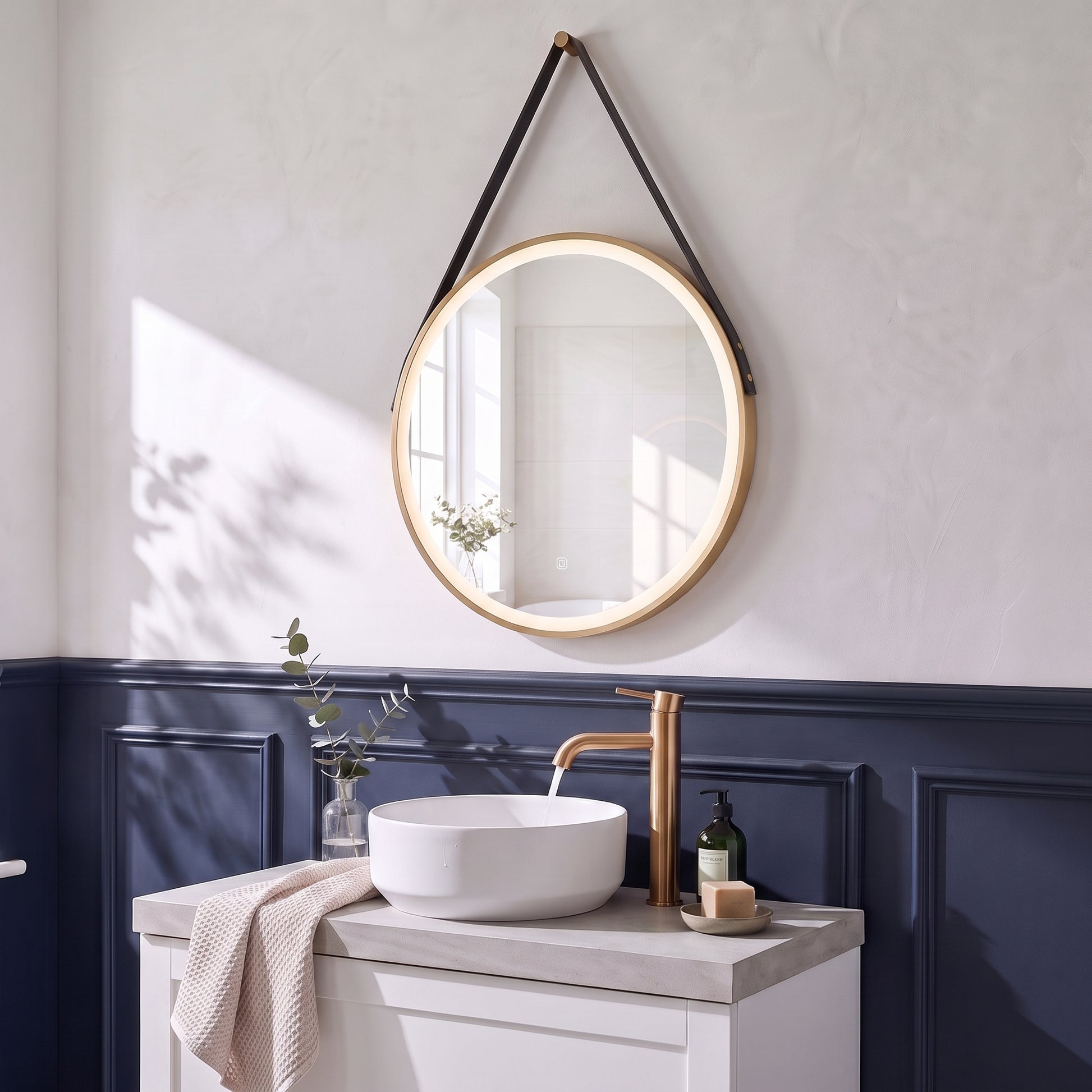 Fairford 600mm Round Brushed Brass Illuminated Mirror with Touch Sensor