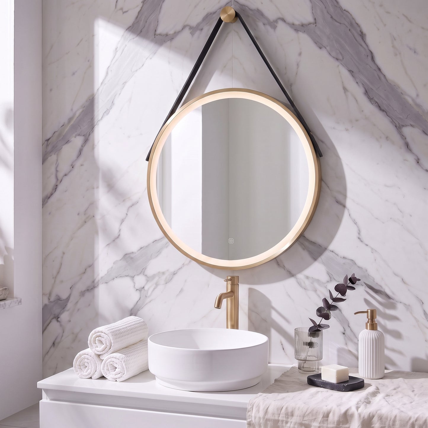 Fairford 600mm Round Brushed Brass Illuminated Mirror with Touch Sensor