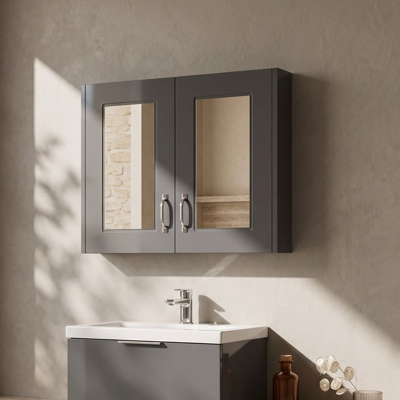 Double Door Mirror Unit Dark Grey