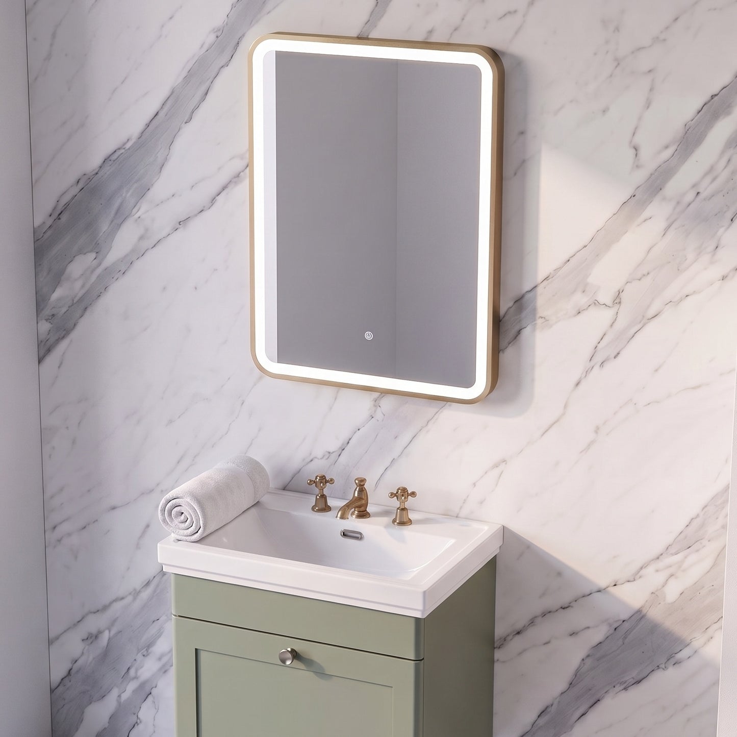 Fairford 700 x 500mm Storm Brushed Brass Framed Mirror with Touch Sensor