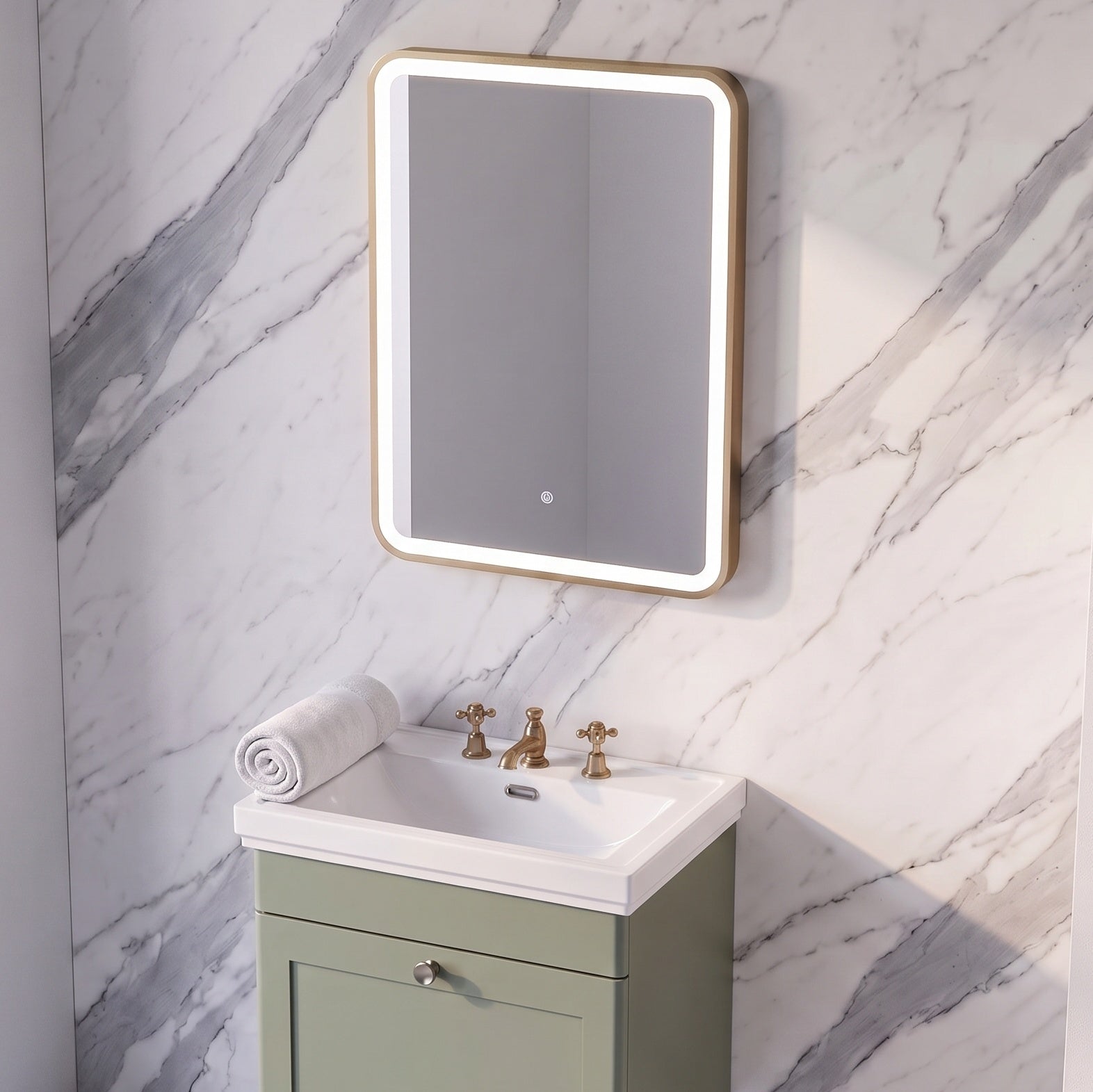 Fairford 700 x 500mm Storm Brushed Brass Framed Mirror with Touch Sensor