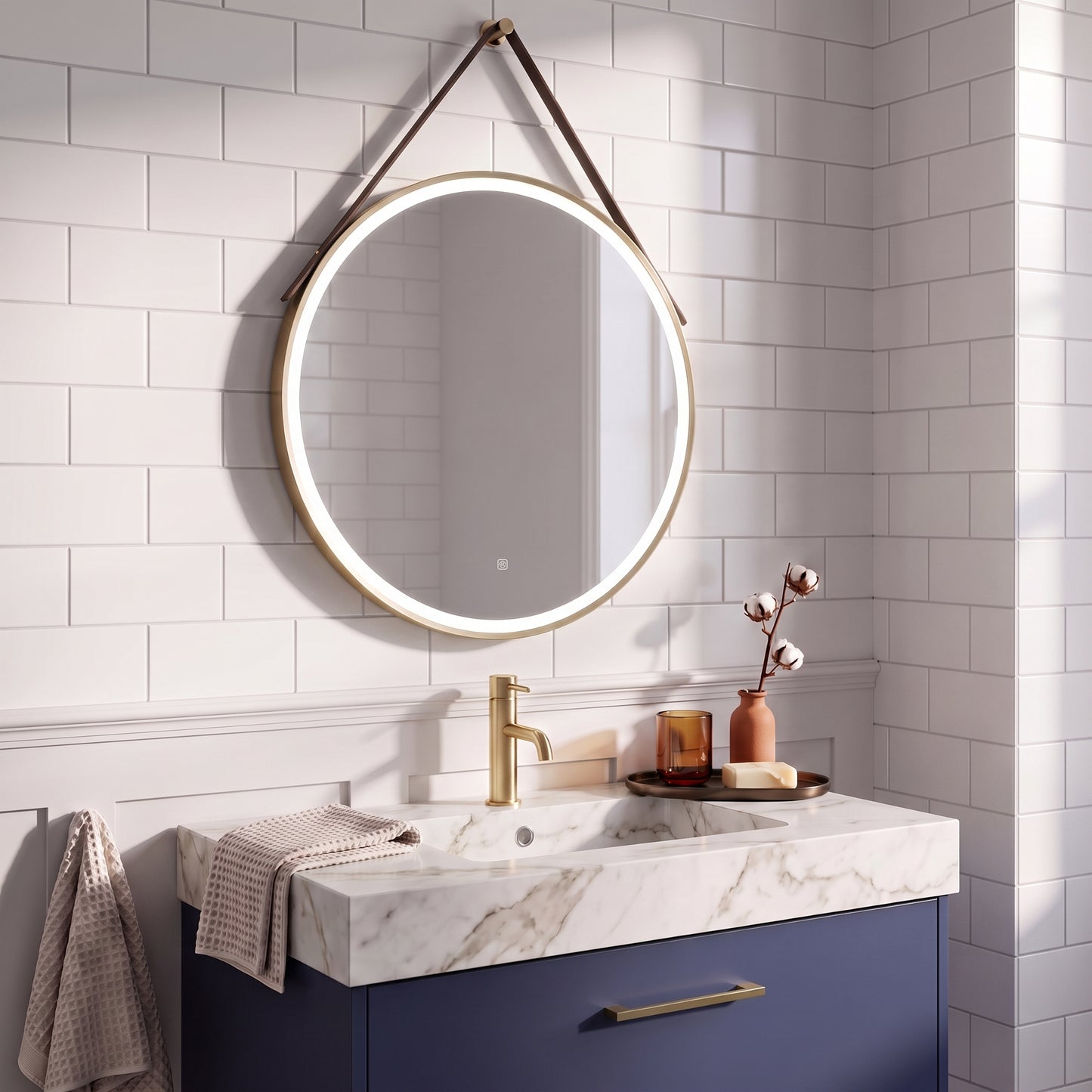 Fairford 800mm Round Brushed Brass Illuminated Mirror with Touch Sensor