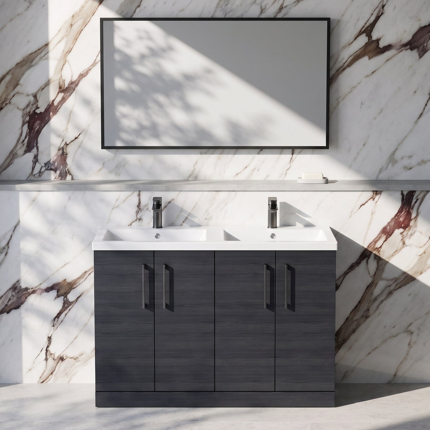 Fairford Aspri Black Woodgrain 1200mm Floorstanding Double Vanity Unit with Doors and Basin